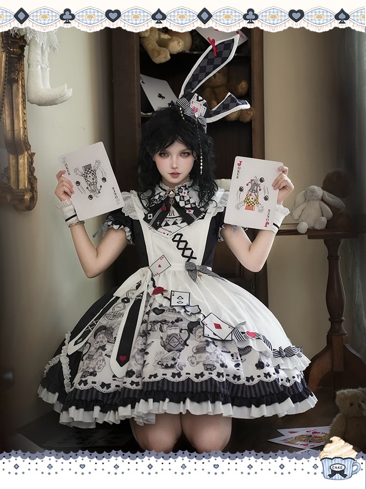 Sweet Lolita Apron Dress OP Full Set with Bunny & Teapot Print in Black and White - Ying Luo Fu