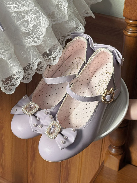 ジェーンズ ボウノット ロリータ ディテール ビーズ装飾 メアリー ラインストーン トゥ ラウンド シューズ パープル