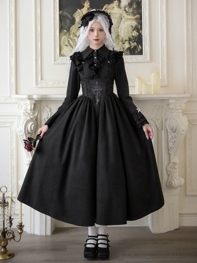 Schwarzes Lolita-Kleid im Gothic-Stil mit Kreuz und Schlangentaille