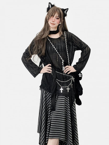 Cutout Sleeves Detail + Top Asymmetrical Hem Long Black Scarf