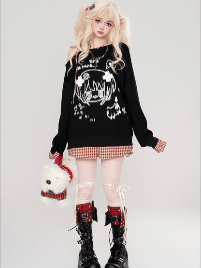 Black/White Asymmetrical Neckline Yami Kawaii Top Plaid Cuffs