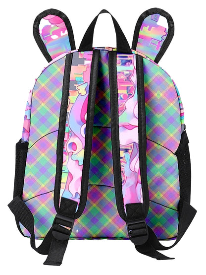 Pink Y2K Backpack with Cartoon Print and Bunny Ear Accents