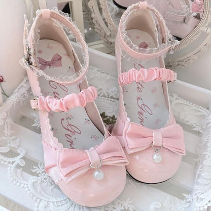 Rosa Lolita Mary Janes mit Schleife, Herzschnalle und Spitzendetails