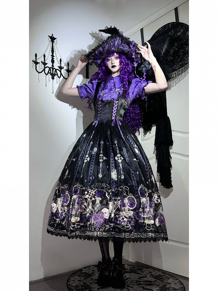 Purple Rosette and Skull Print Gothic Lolita Corset Under Bust JSK Dress - Sweetheart Love Song