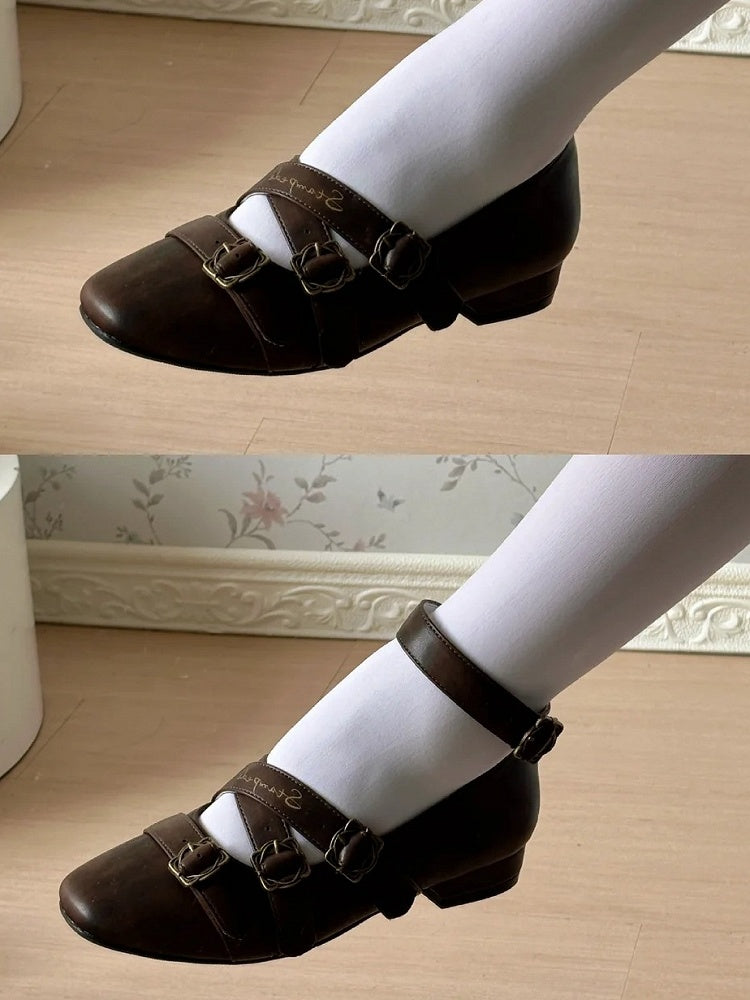 Toe Low Brown with Design Heels Lolita Crisscross Classic Shoes Square