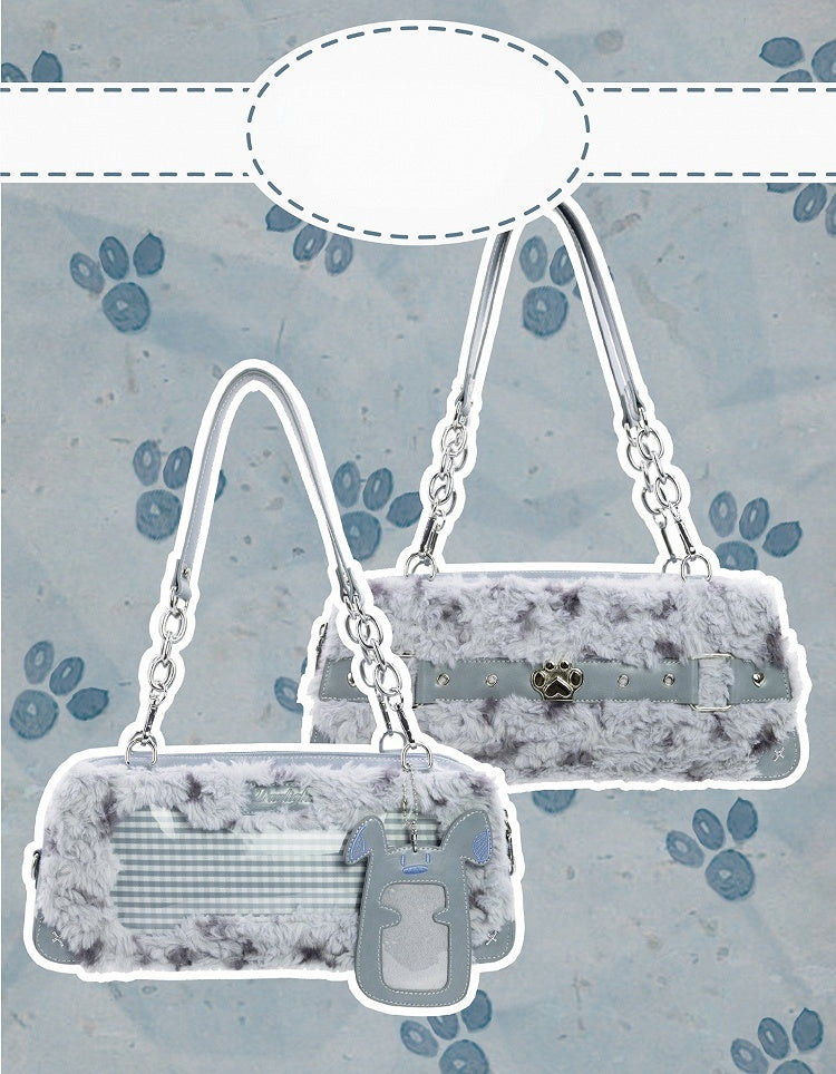 Grey and Blue Plush Ita Bag with Puppy Charm - Daylight