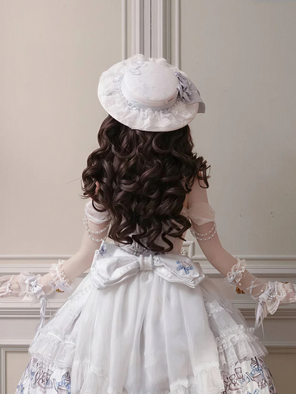 White & Blue Antique Print Flat Hat with Bow & Lace - Meng Fu Zi