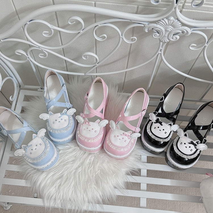 Tenshi Kaiwai Blue Round Toe Kitty Angel Heart Buckle Platform Lolita Shoes