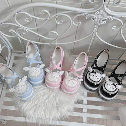 Tenshi Kaiwai Blue Round Toe Kitty Angel Heart Buckle Platform Lolita Shoes