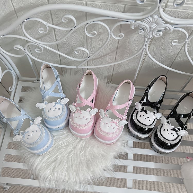 Black Round Toe Kitty  Angel Heart Buckle Platform Lolita Shoes