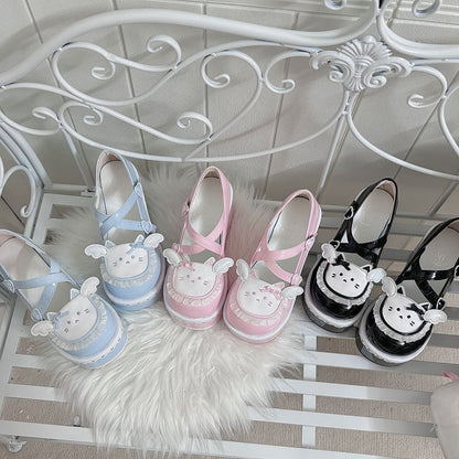 Black Round Toe Kitty  Angel Heart Buckle Platform Lolita Shoes