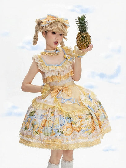 Yellow & Blue Polka Dot Bow KC with Lace Trim - Badoni B DOLLY Original Design