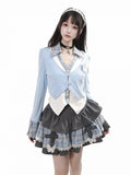 Vintage Kawaii Blue & White Plaid Faux Two-Piece Knit Shirt with Heart Brooch - PINK SAVIOR