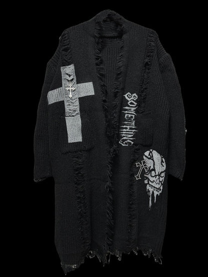 Gothic Punk Schwarzes Kreuz und Skelett Distressed Holes Cardigan Raw Edge