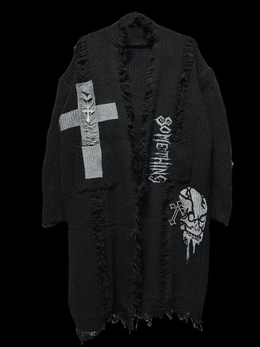 Gothic Punk Black Cross and Skeleton Distress Holes Cardigan Raw Edge