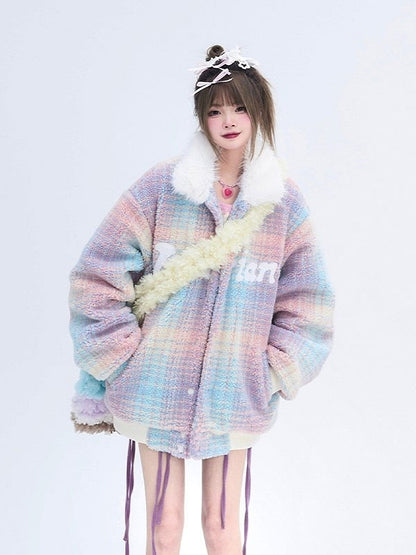 Details with Winter Colorful Coat Collar Faux Plush White Fur Text