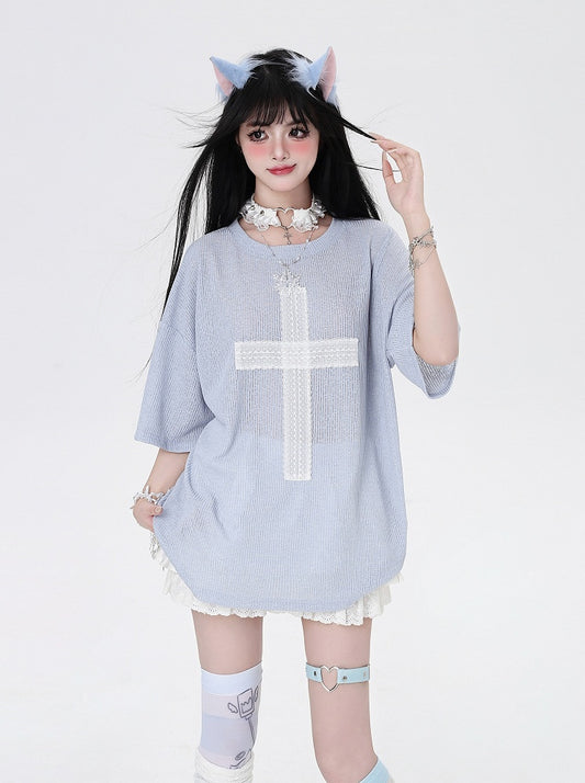 Light T-Shirt Cross Applique Loose Pink/Light Blue/Black