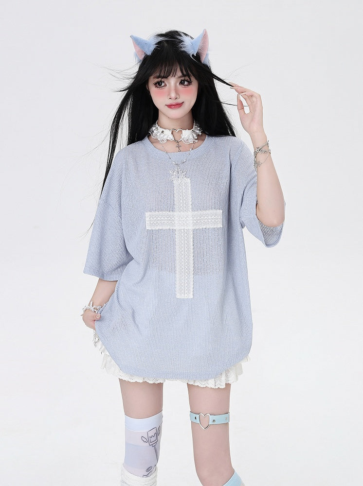 Light Blue Cross Applique Loose T-Shirt