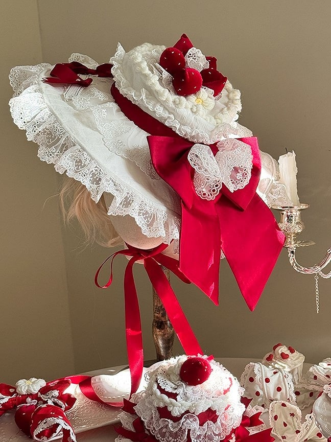 with Trimmed and Red Lolita Lace Strawberry Bows White Decorations Hat