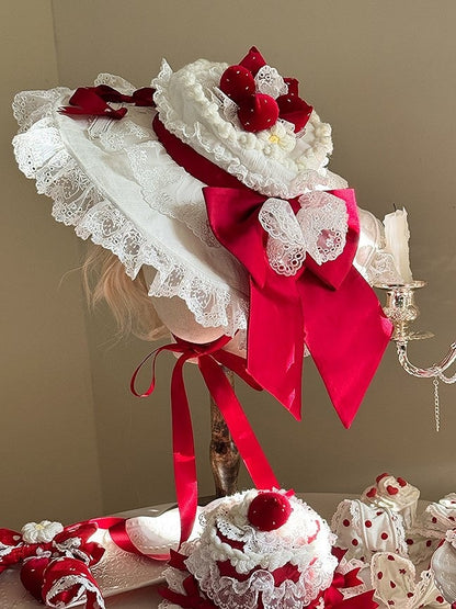 with Trimmed and Red Lolita Lace Strawberry Bows White Decorations Hat