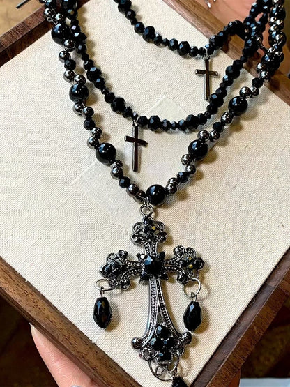 Gothic Beaded Layered Necklace with Cross Pendant - YSHXS