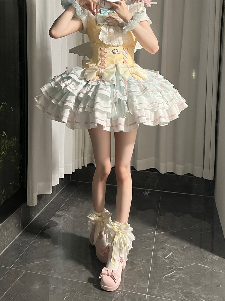 Bear Angel Lolita Full Set: Short-Sleeve Top, Ruffle Skirt, Wings & Bow - Sweet Dream Box