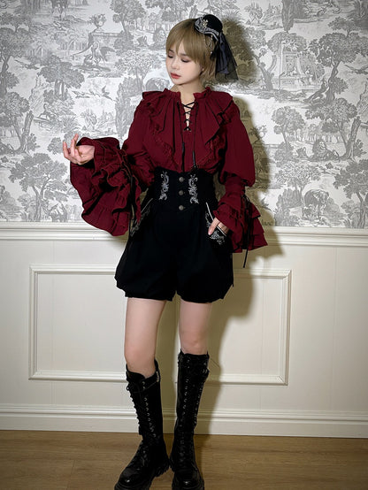 Ouji Red Lace-up Long Details Pirate Sleeves Vibes Shirt Lolita with