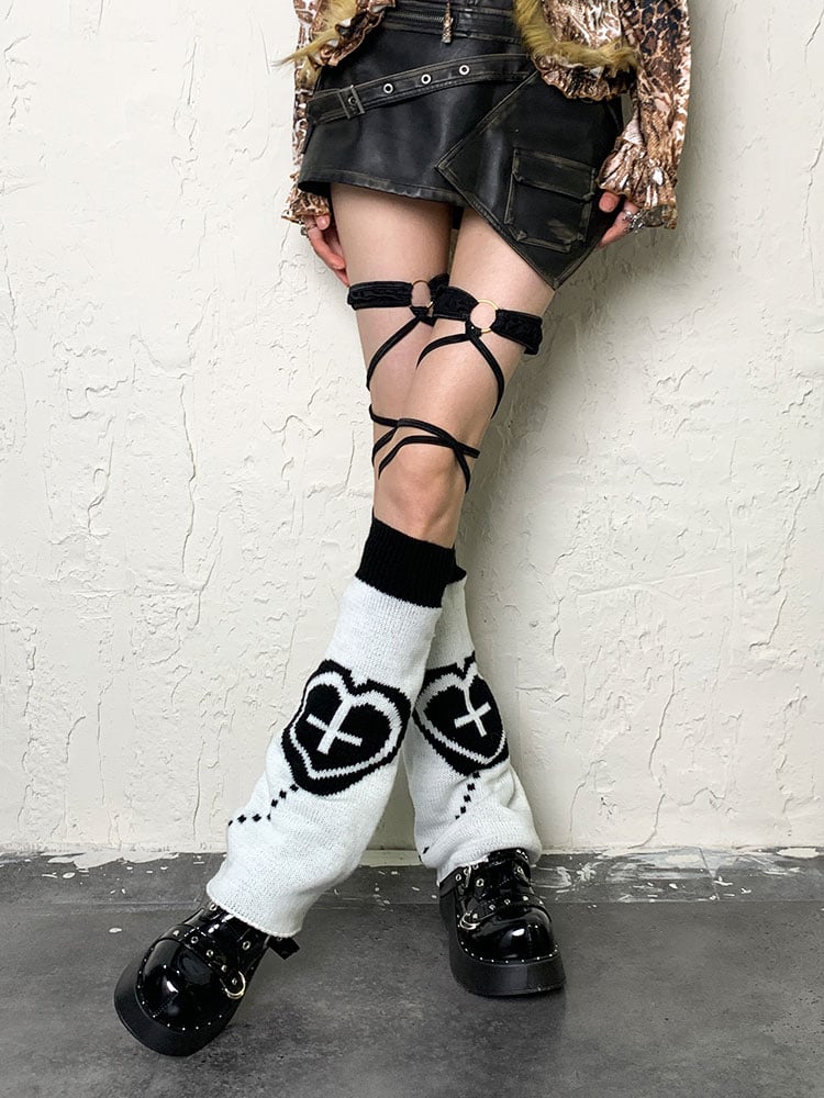 Yami Kawaii Schwarz-Weiß Y2K Herz Kreuz Beinwärmer