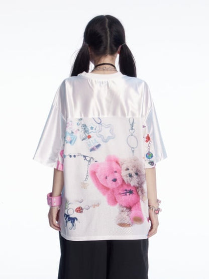 Weißes, lockeres T-Shirt mit Rundhalsausschnitt und Cartoon-Print