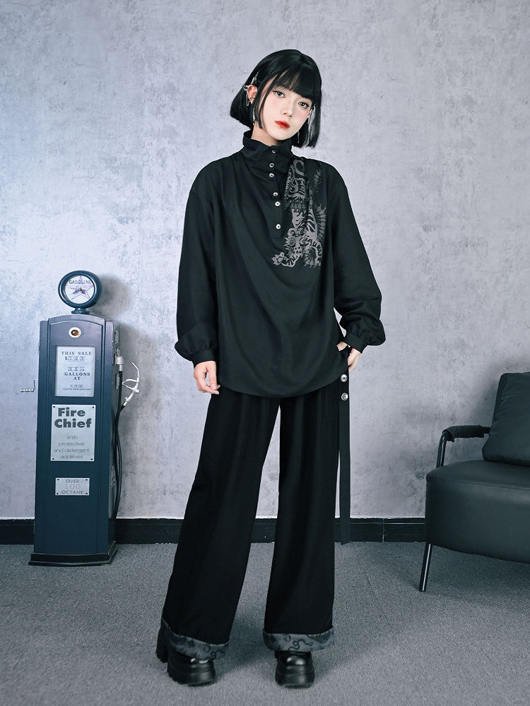 Blouse Cheongsam Five-Poison Ruched with Gothic Black Print Draping