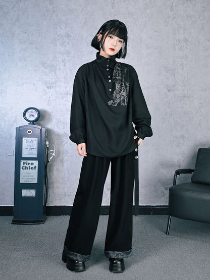 Blouse Cheongsam Five-Poison Ruched with Gothic Black Print Draping