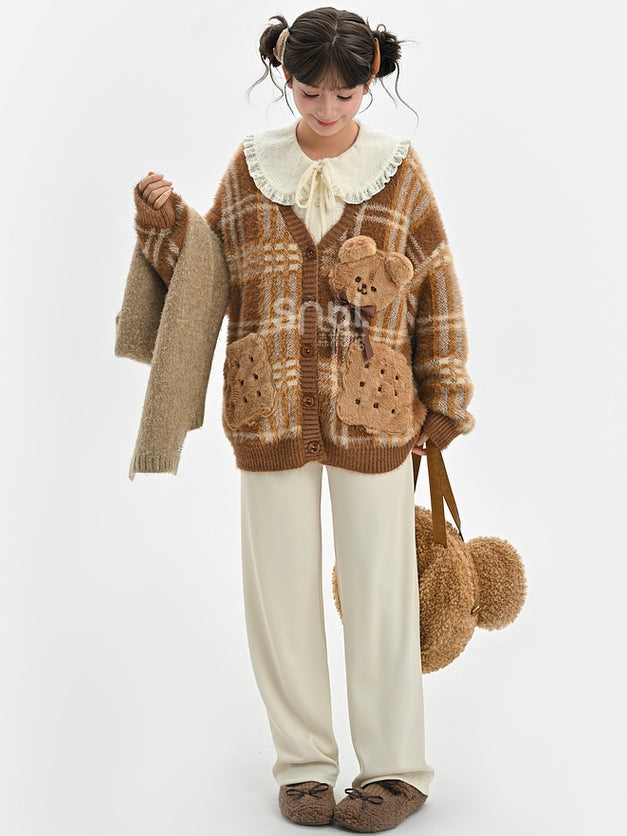 Brown Cute Cookie Bear Adorned Plaid Loose Cardigan