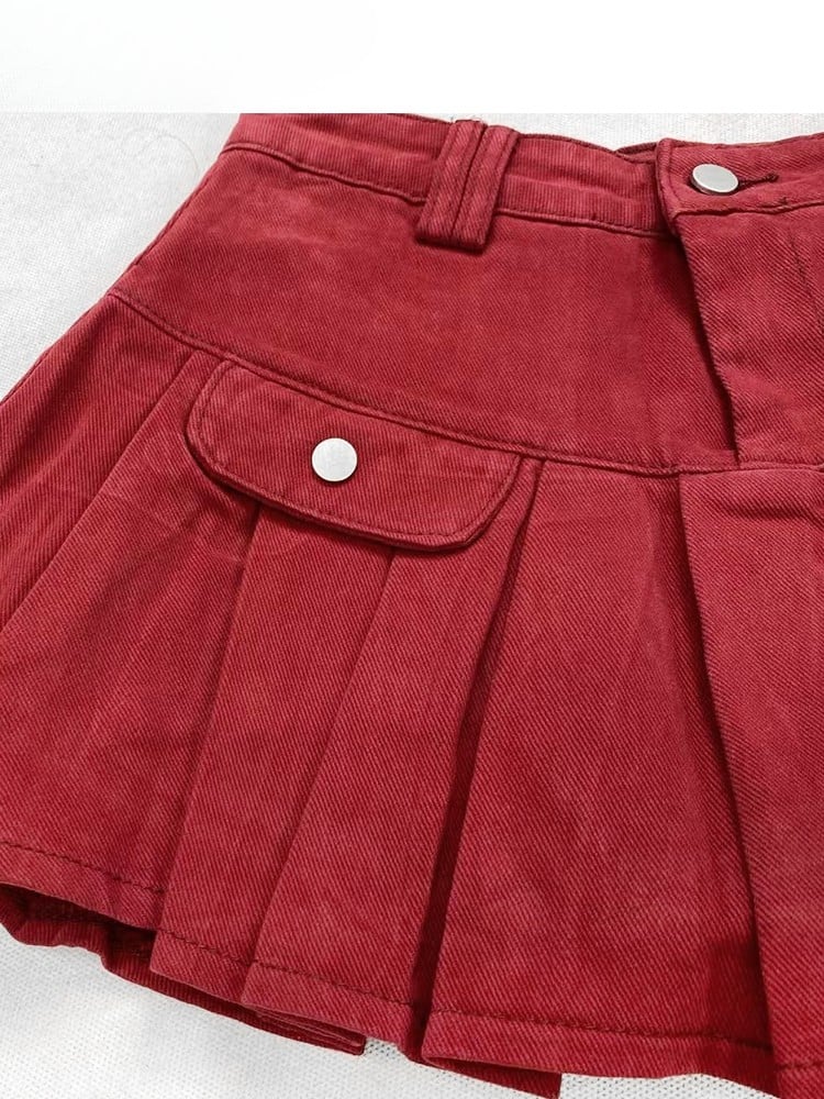 プリーツデニムスカート レッド クリスマス