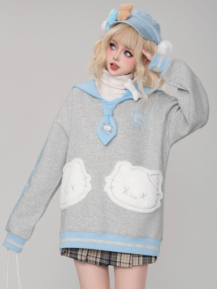 ブルー/ブラックキティ刺繍セーラーカラースウェットシャツ