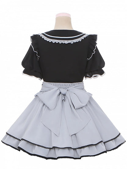 Pockets Light Jirai Skirt with Blue Kei High-Waisted Heart-Shaped Tiered