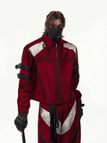 with Buckle Strap Jacket Design Distressed Unisex Short Red