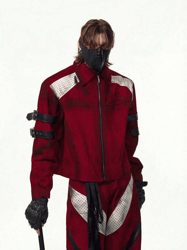 with Buckle Strap Jacket Design Distressed Unisex Short Red
