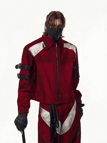 with Buckle Strap Jacket Design Distressed Unisex Short Red