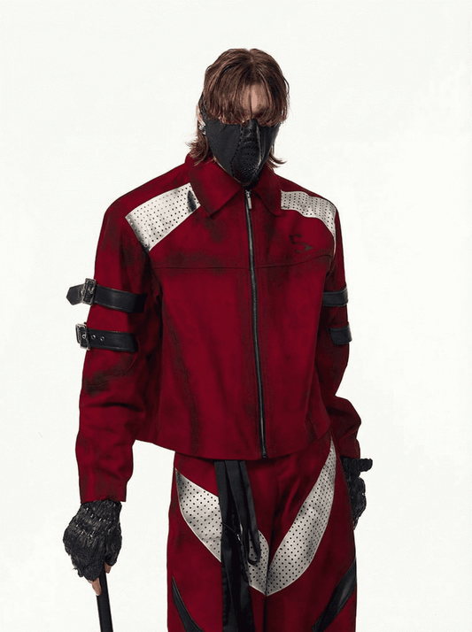 with Buckle Strap Jacket Design Distressed Unisex Short Red