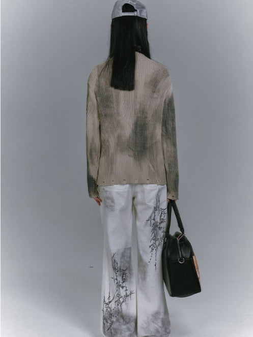 カーキのツーウェイジッププラケットダメージニットセーター、ウェイストランドパンク