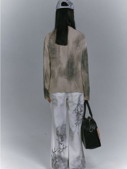 カーキのツーウェイジッププラケットダメージニットセーター、ウェイストランドパンク