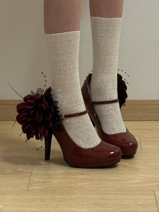 Red Accents for Classic Heel Wine Removable Mary - Lolita Flower Featuring High Janes