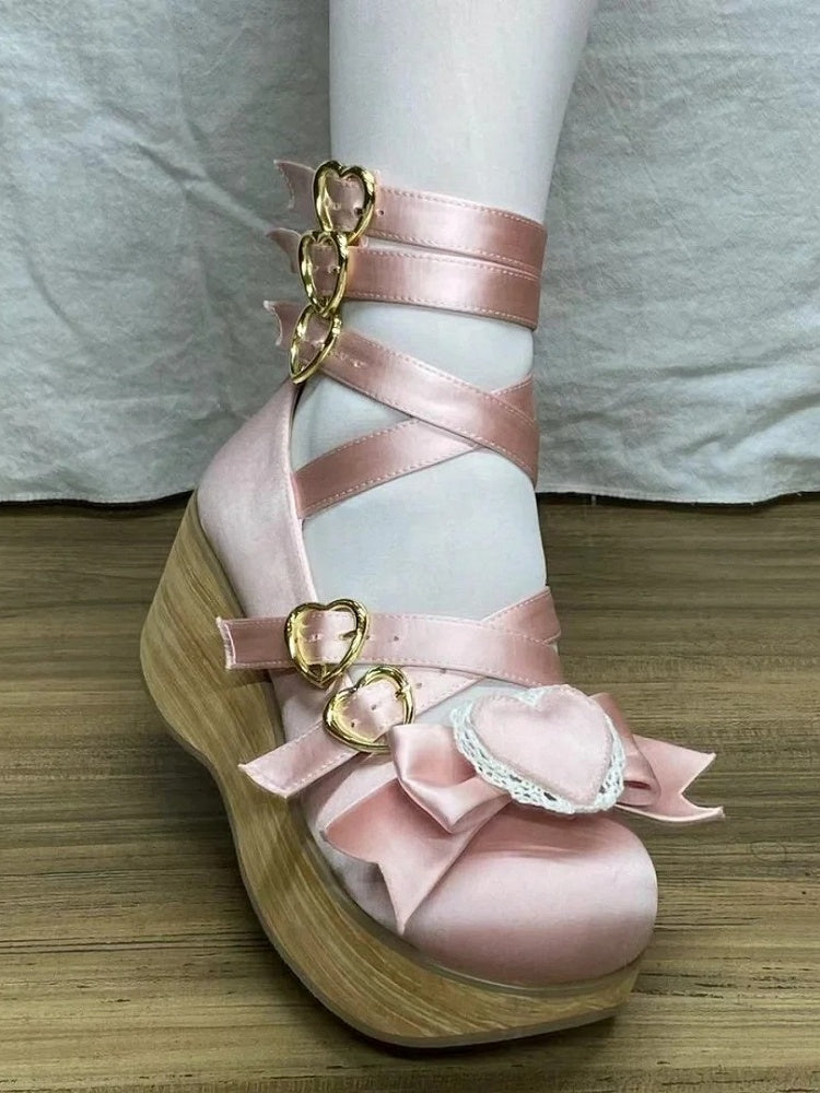 Mary Detachable Platform Lolita Sweet Satin 6.5cm Woodgrain with Sole Bow Pink Janes - Heart