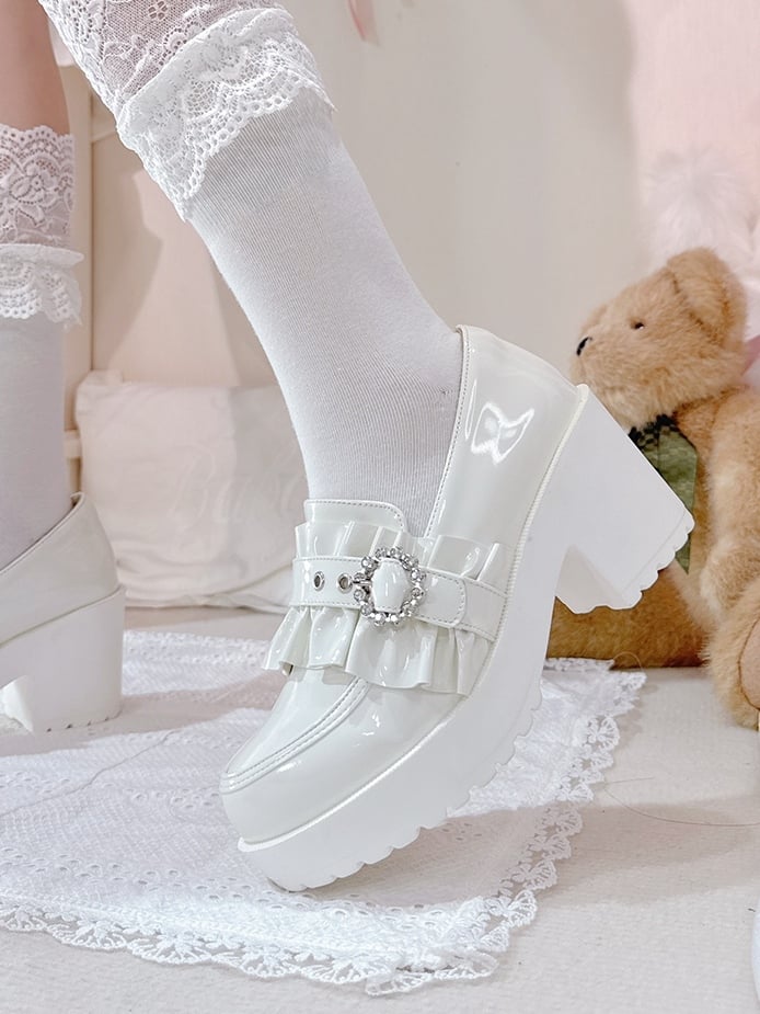 Jirai PU Kei White Bow Bead High Leather Rhinestone Polished Heels with 7.5cm