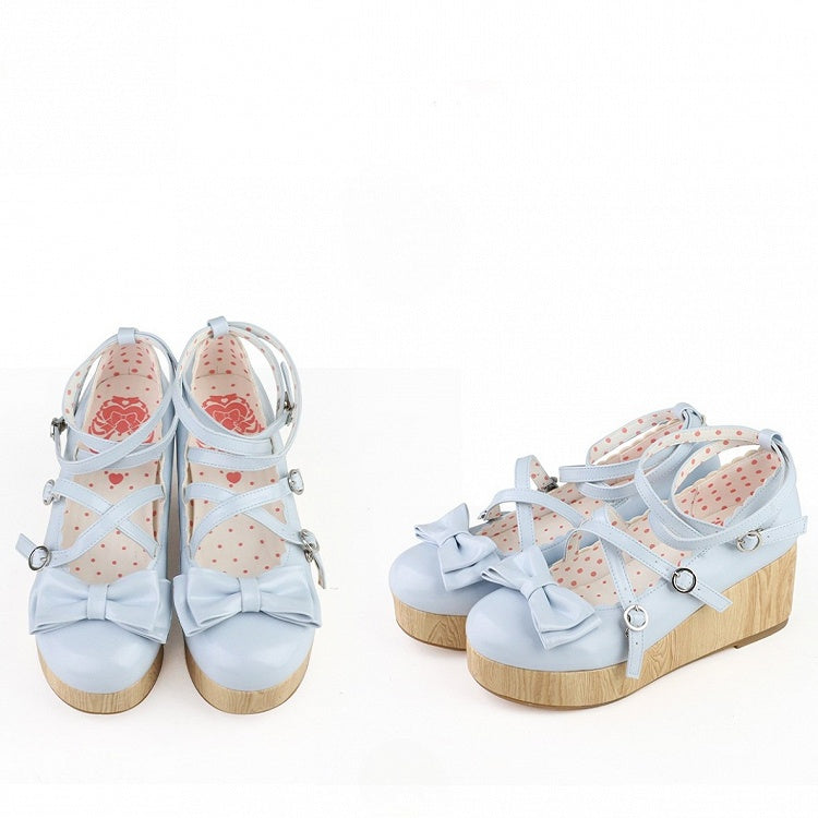 PU Shoes Design at Wedge Top Platform Bow Sweet Crisscross Blue Lolita with