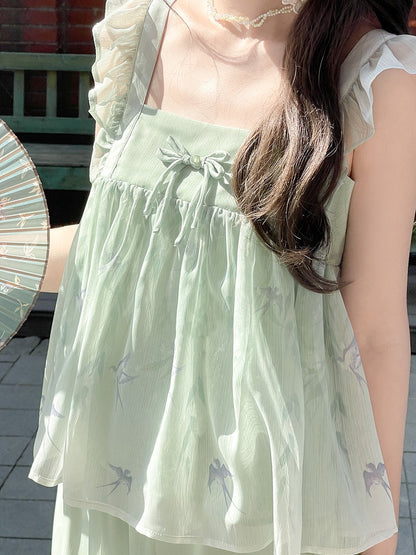 Grüne Flatterärmel mit Schwalben-Cheongsam-Print