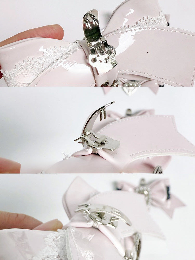 Pink Bowknot Decor Kei Shoe Jirai Black Pink/White Clips Beaded -
