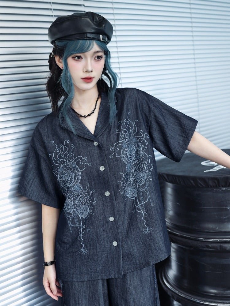 Dark Blue Short Sleeve Shirt with Sea Lily Print - Quirky Hut