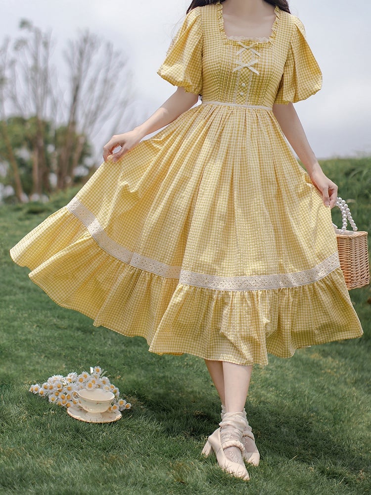 Plaid Lolita Yellow One Sleeves Neckline with Short Piece and Puff Square Sweet