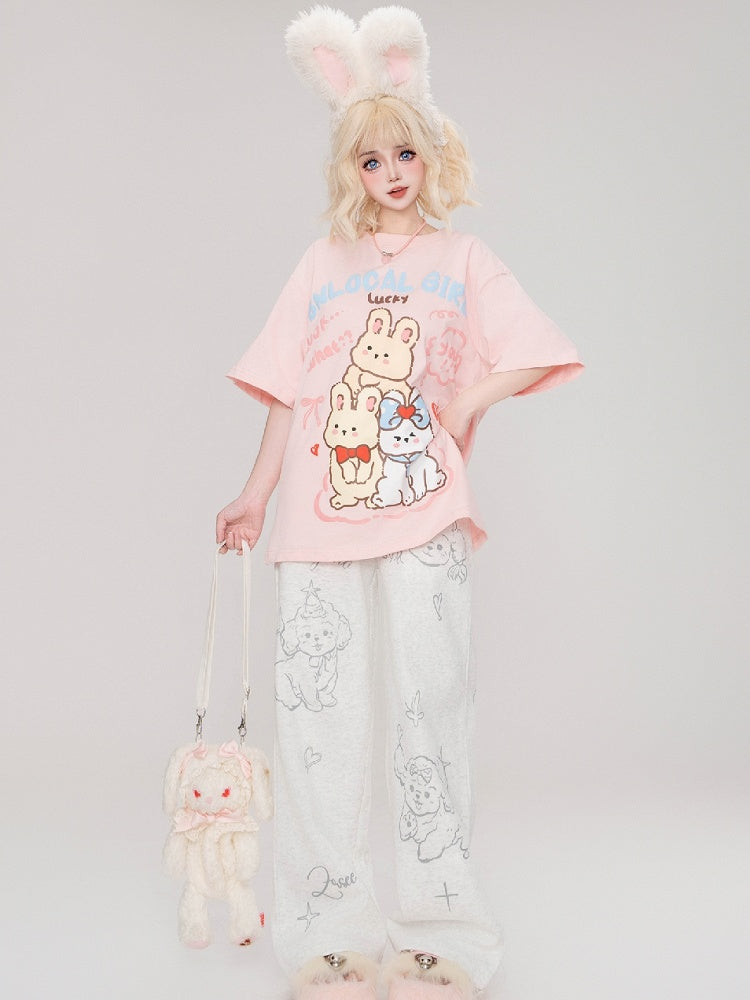 ピンク/ブラック/アプリコットバニーズルーズTシャツ